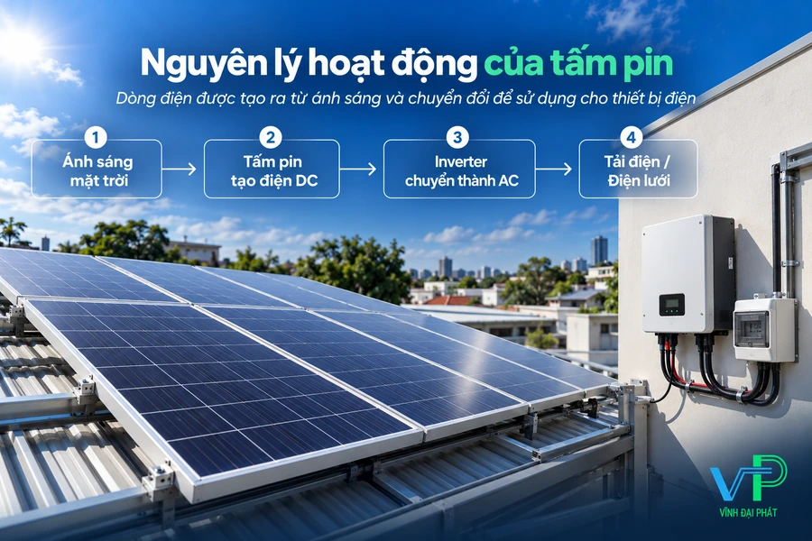Nguyên lý hoạt động của tấm pin năng lượng mặt trời Sơ đồ nguyên lý hoạt động của tấm pin năng lượng mặt trời