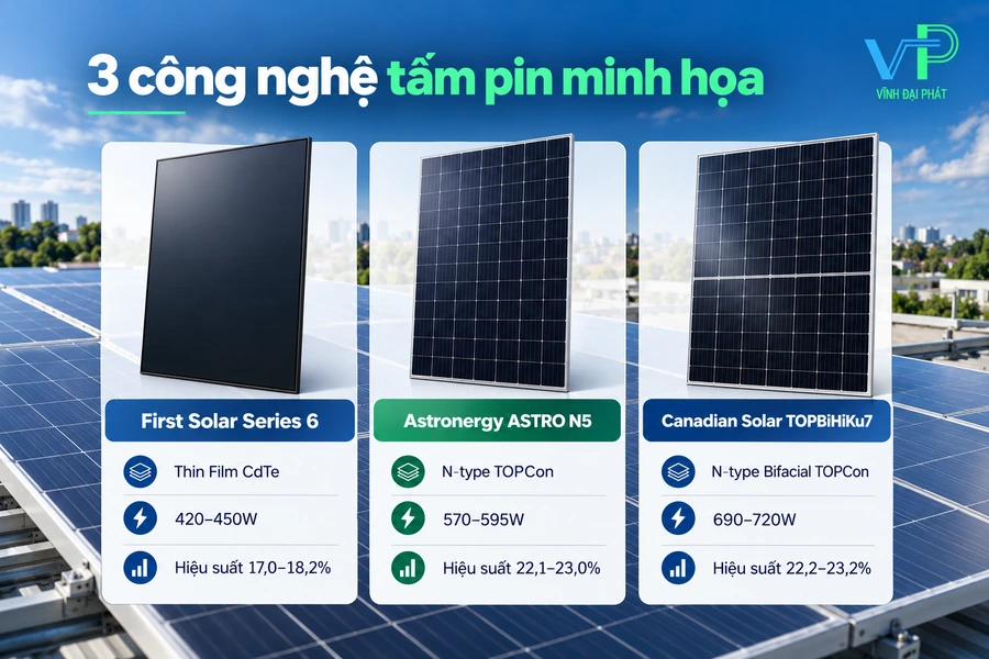 Các công nghệ tấm pin năng lượng mặt trời Minh họa sự khác nhau giữa một số công nghệ tấm pin năng lượng mặt trời
