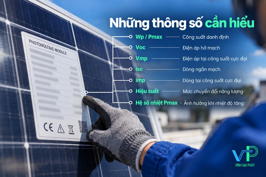 Những thông số cần hiểu trên tấm pin năng lượng mặt trời Các thông số Wp Voc Vmp Isc Imp và hiệu suất trên tấm pin