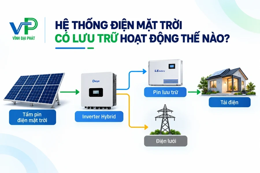 Sơ đồ hệ thống điện mặt trời có pin lưu trữ và inverter Hybrid