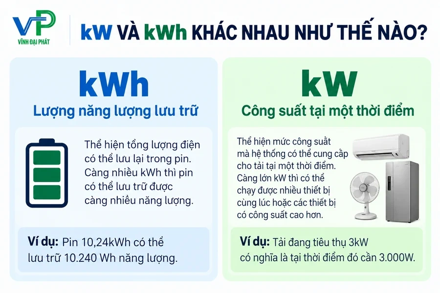 So sánh kW và kWh khi chọn pin lưu trữ điện mặt trời
