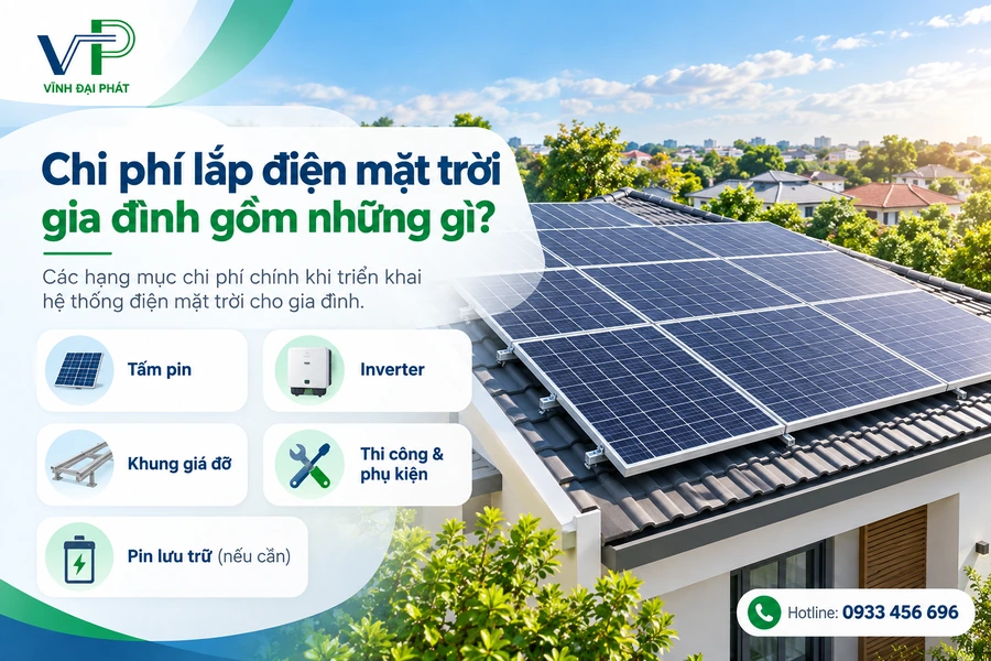Chi phí lắp điện mặt trời tại Đồng Nai gồm những gì? Chi phí lắp điện mặt trời tại Đồng Nai gồm tấm pin inverter khung giá đỡ pin lưu trữ và thi công