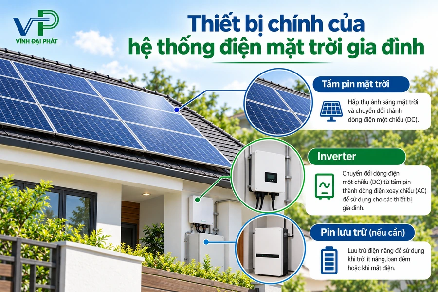 Thiết bị chính của hệ thống điện mặt trời gia đình Thiết bị chính của hệ thống điện mặt trời gia đình gồm tấm pin inverter và pin lưu trữ
